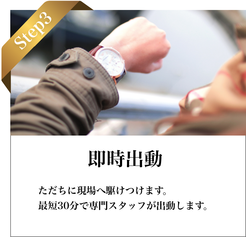 STEP3 即時出動：最短30分でスタッフが現地へ向かいます。